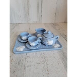 Vintage ceramic mini blue teapot cup play set home decor set floral figure